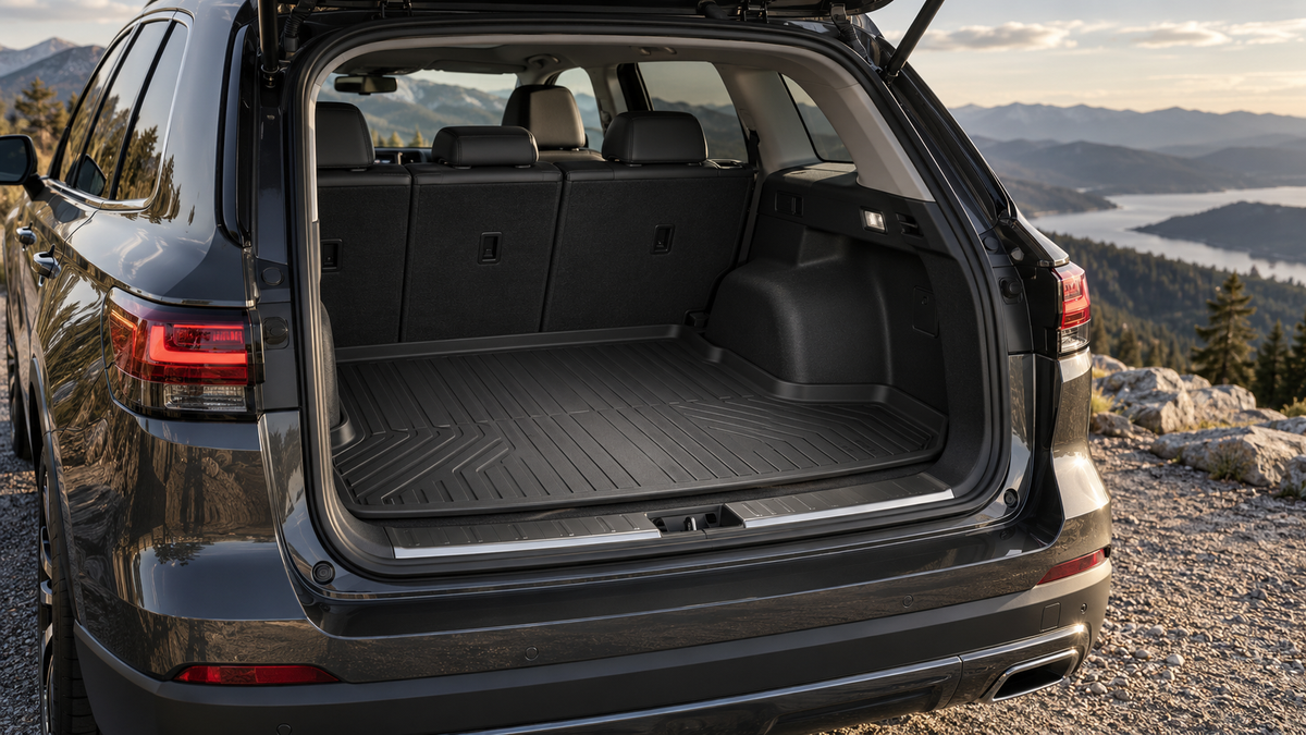Custom-fit cargo liner seated entirely inside an SUV trunk