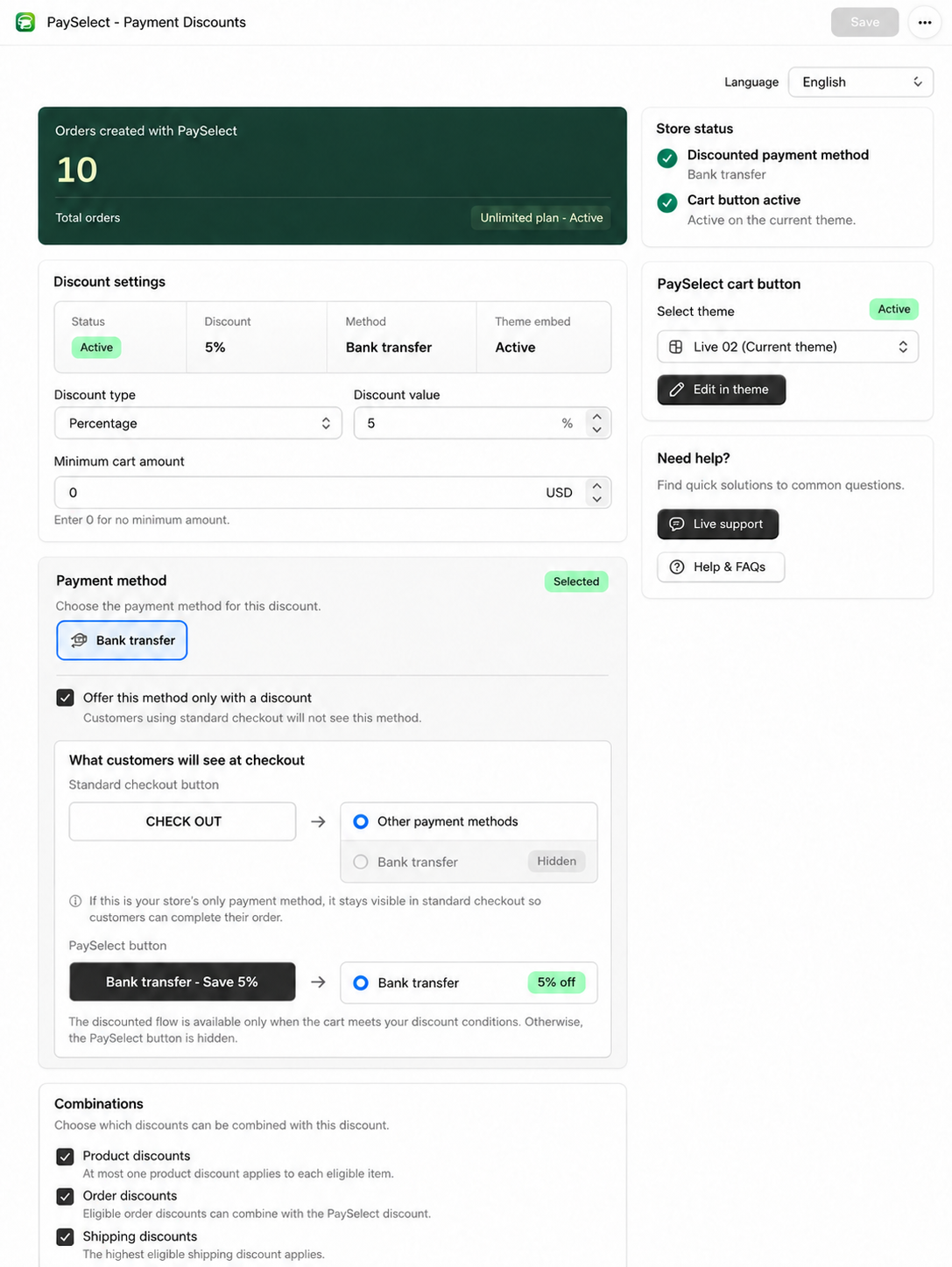 Illustrative English PaySelect dashboard showing payment discount settings.