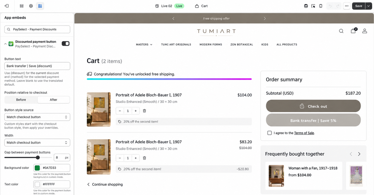 Shopify theme editor showing PaySelect app embed settings and a cart preview with example USD prices.
