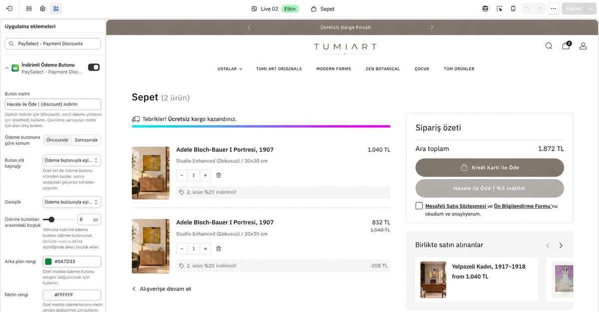 Shopify tema düzenleyicisinde PaySelect buton metni, konumu, görünüm ayarları ve TL cinsinden örnek sepet.