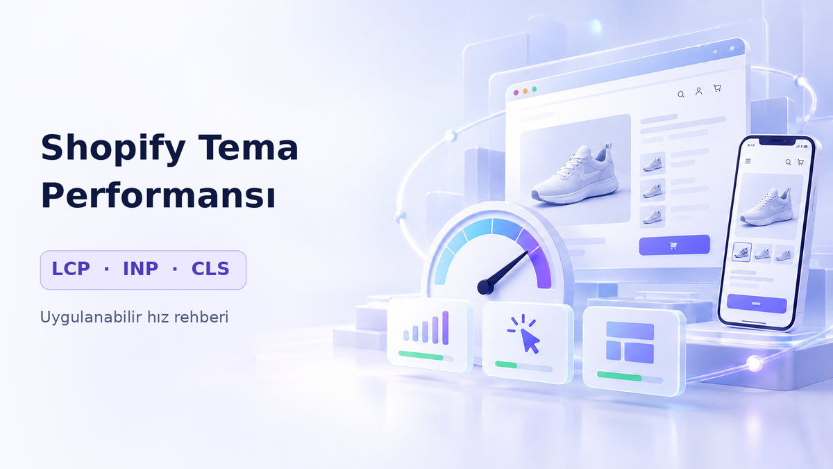 Shopify tema performansı, mobil ürün sayfası ve LCP, INP, CLS metriklerini gösteren hız ölçer illüstrasyonu